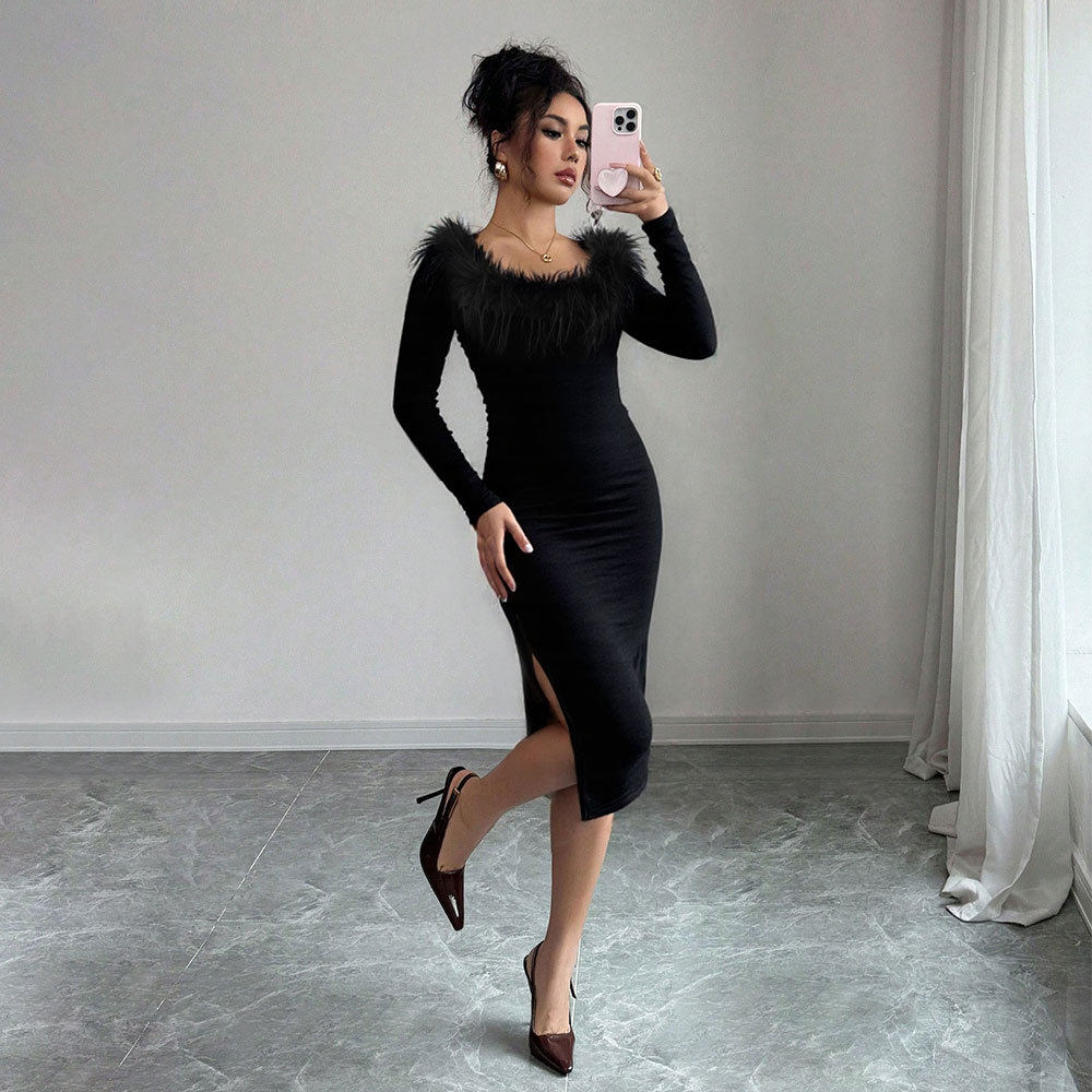 Black Plush Collar Long Dress for Women Slim Fit Side Split Elegant Style Perfect for Spring Summer Evening Events