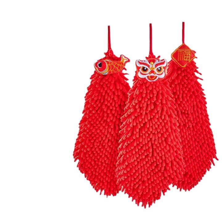 Chenille Hand Towel, Bright Red Festive Gift Towel, Kitchen and Bathroom Hanging Absorbent Towel, Household Hand-Drying Towel with the Character for Good Fortune