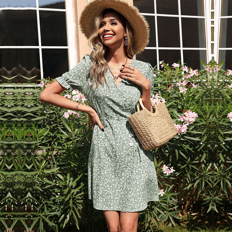 Floral Print Dress Sweet Green Color Fresh Country Style Summer Wear Wholesale Available custom packaging