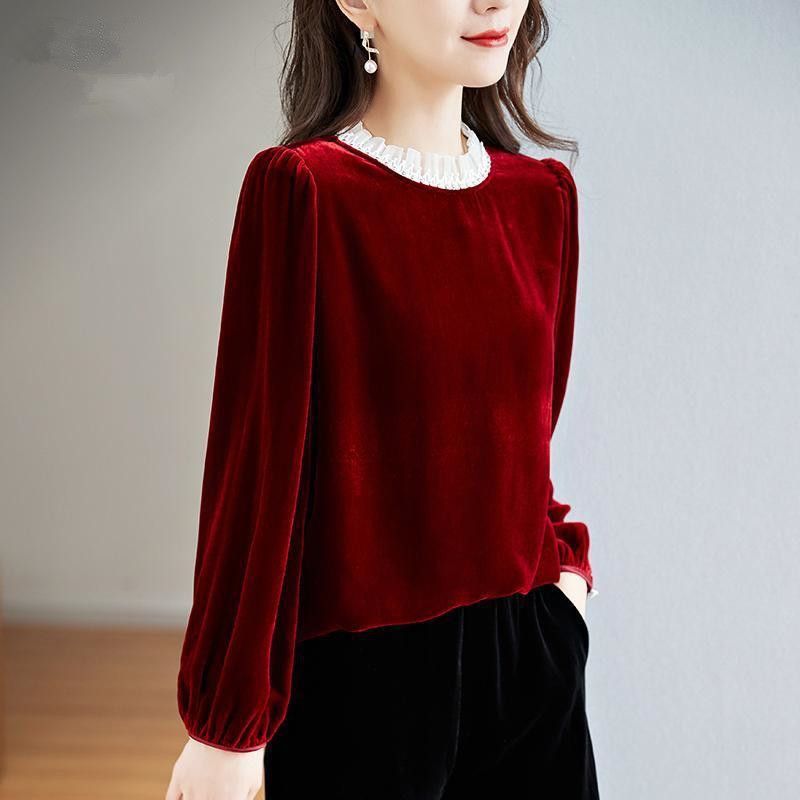 Red Velvet Long Sleeve Top for Women Loose Fit Casual Blouse Autumn Fashion OEM ODM service