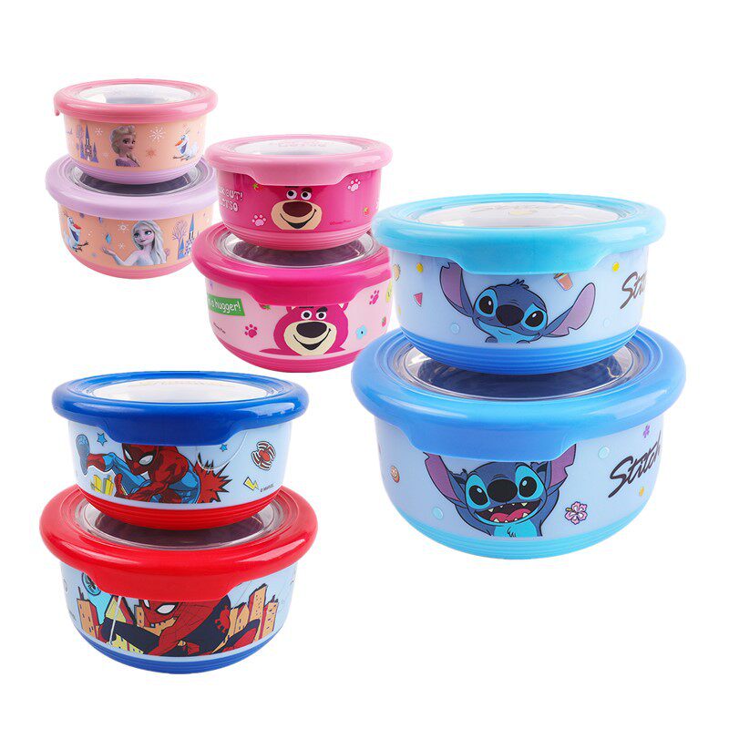 Children's Stainless Steel Double Bowl for Eating, Cartoon Design, Boys and Girls, Baby, Student, Kindergarten, Anti-Fall, Washable Bowl