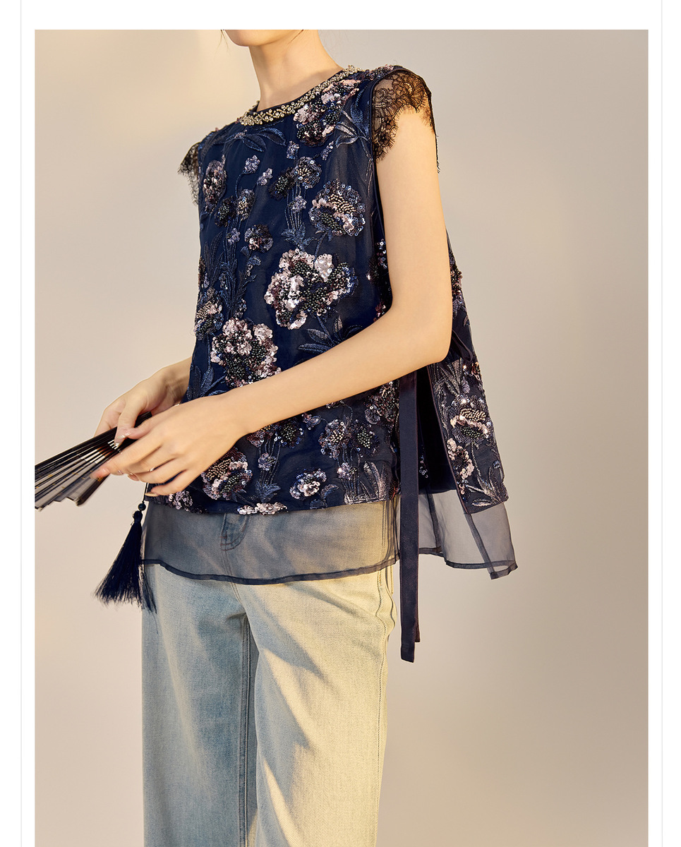 Áo vest nữ thêu cườm đính đá cổ tròn phối hoa văn — Jiyue Blue (giao hàng trong 7 ngày), Jiyue Blue (phát hành cùng ngày)