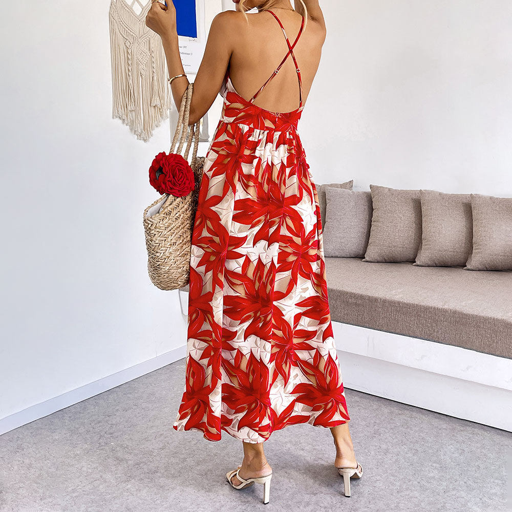 Casual Summer Maxi Dress Leaf Print Beach Style Lightweight Fabric Perfect for Vacation and Resort Wear Wholesale
