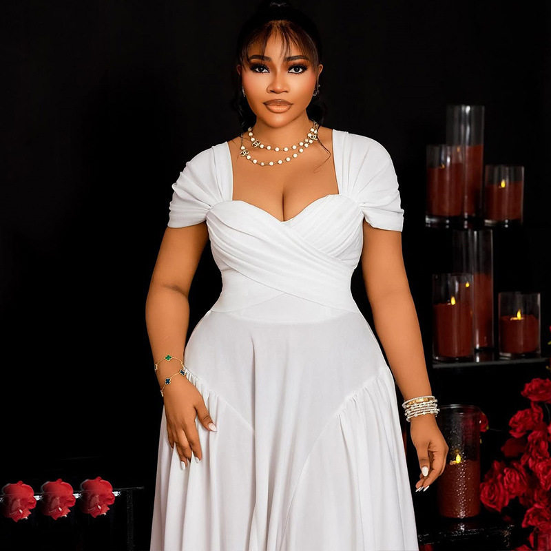 Elegant A Line Maxi Dress V Neck Short Sleeve Pleated Backless Perfect for Evening Events Wholesale Available