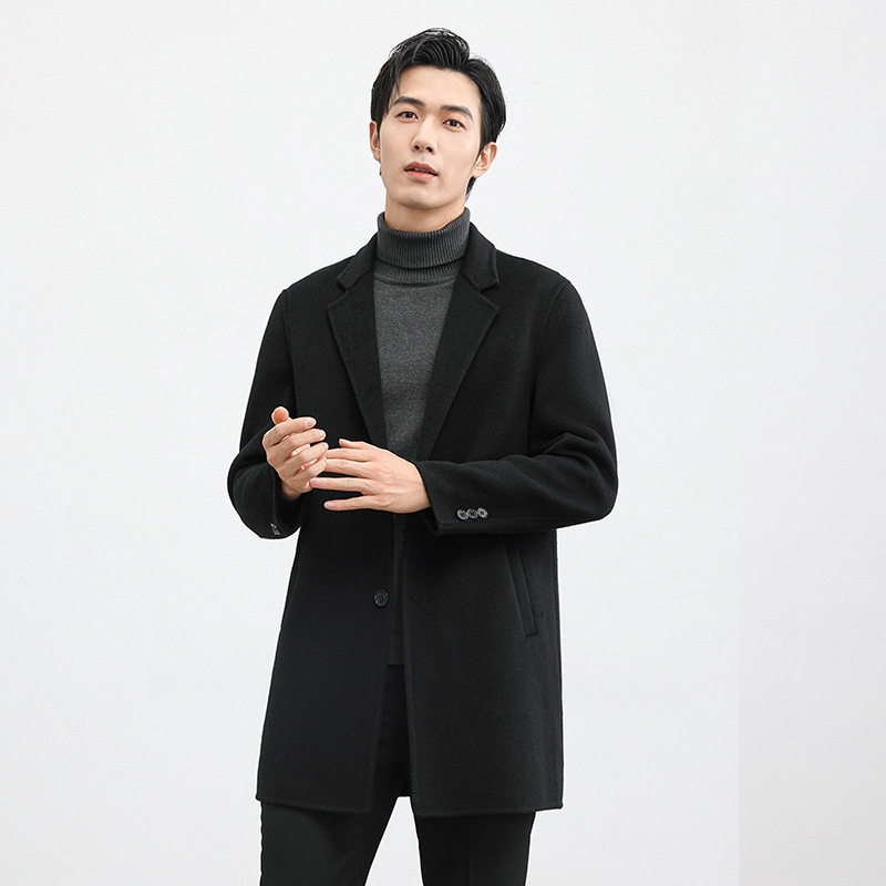 Áo Khoác Dạ Nam Hai Mặt Dáng Dài Vừa Cổ chữ Vest Chất Liệu Lông Cừu Màu Đen, Nâu, Xám