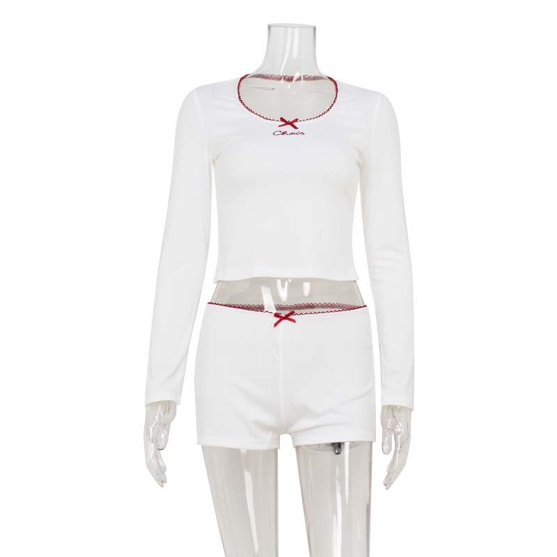 Color Block Bow Tie Long Sleeve Top and Shorts Set Feminine Style Spring Summer Fashion Wholesale Available