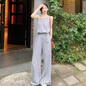 Striped Halter Neck Tank Top + Wide-Leg Pants Long Pants Floor-Length Set for Women, Everyday Vacation Versatile Korean Style Two-Piece Set