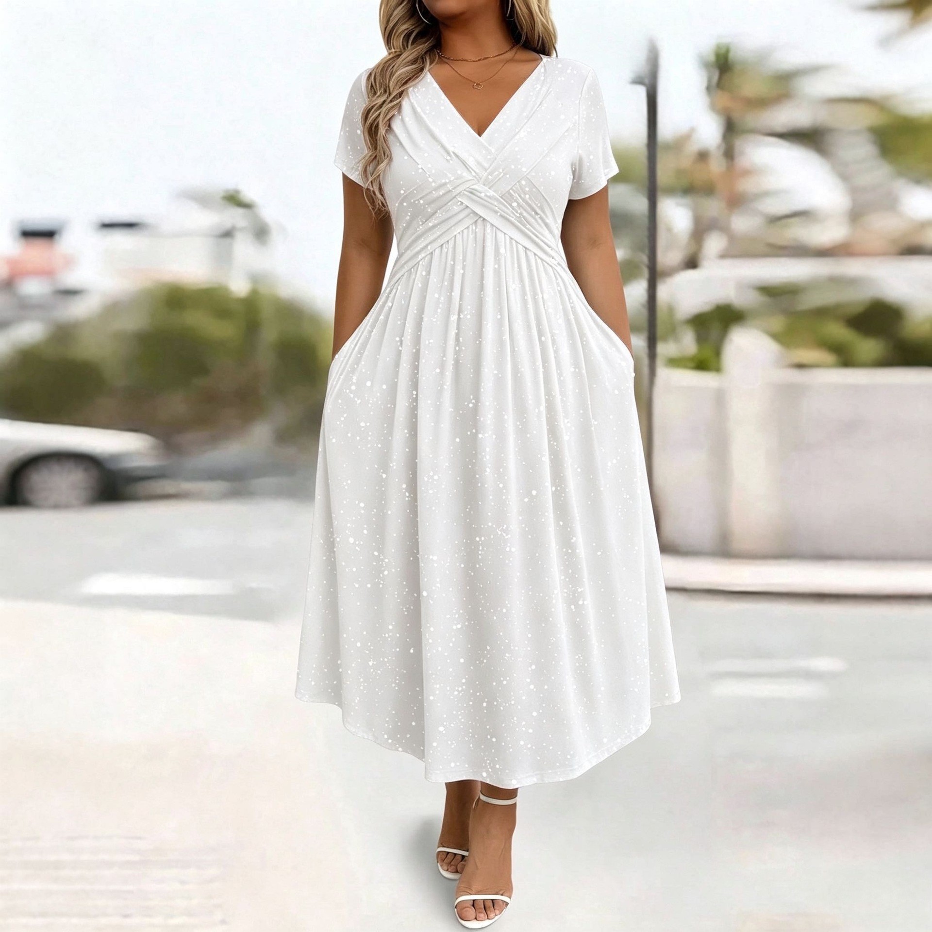 V Neck Short Sleeve Bodycon Dress Shimmering Fabric Waist Defining Fit Summer Style Wholesale Available