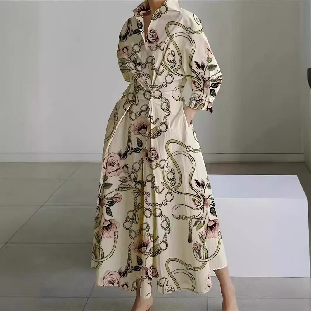 Plus Size Fashionable Polo Collar Dress Loose Fit Three Quarter Sleeves Flared Hem Ideal for Commuting Wholesale