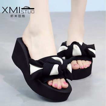 Outer wear non-slip slippers women summer handmade sandals flat casual beach shoes Korean bow a generation of hair