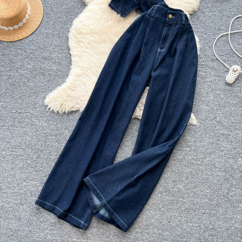 Retro Womens Two Piece Set Deep V Sleeveless Denim Shirt High Waisted Slim Fit Trousers Autumn Fashion Wholesale