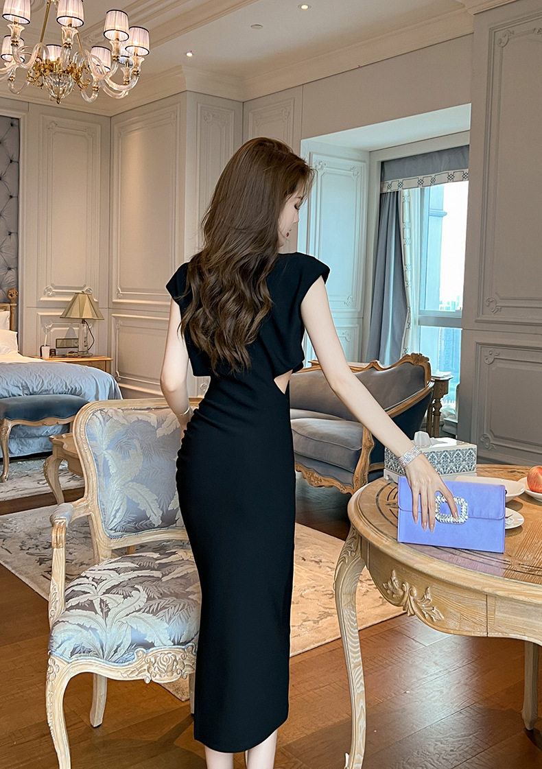 Đầm ôm body nữ cổ tròn tay ngắn dáng midi cao eo — [Hồng], [Đen] chi tiết 9