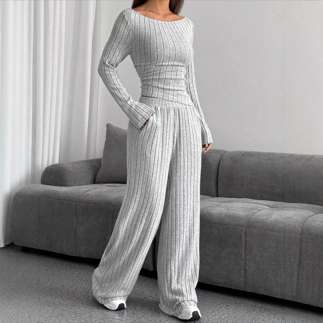 European and American Cross-Border Export 2025 Autumn and Winter Casual Pure Color High-Neck Knitted Long-Sleeved Side-Waist Loose Pants Two-Piece Set