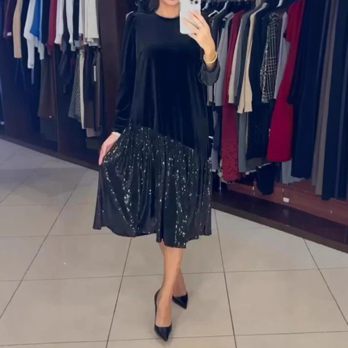 Long Sleeve Sequin Hem Dress Solid Color Round Neck Casual Style Perfect for Winter Events Wholesale Available