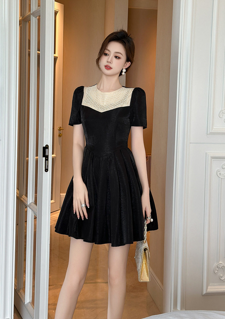 Đầm ôm body nữ cổ tròn tay ngắn eo cao phong cách Pháp — [Đen trứng cá] chi tiết 9