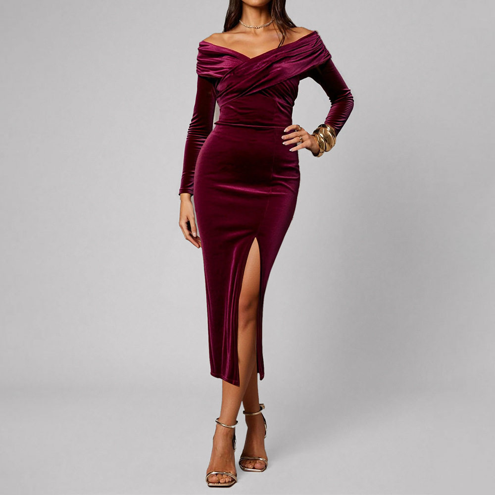 Velvet Bodycon Midi Dress for Women Cross V Neck Off Shoulder Side Slit Elegant Evening Wear Wholesale Available