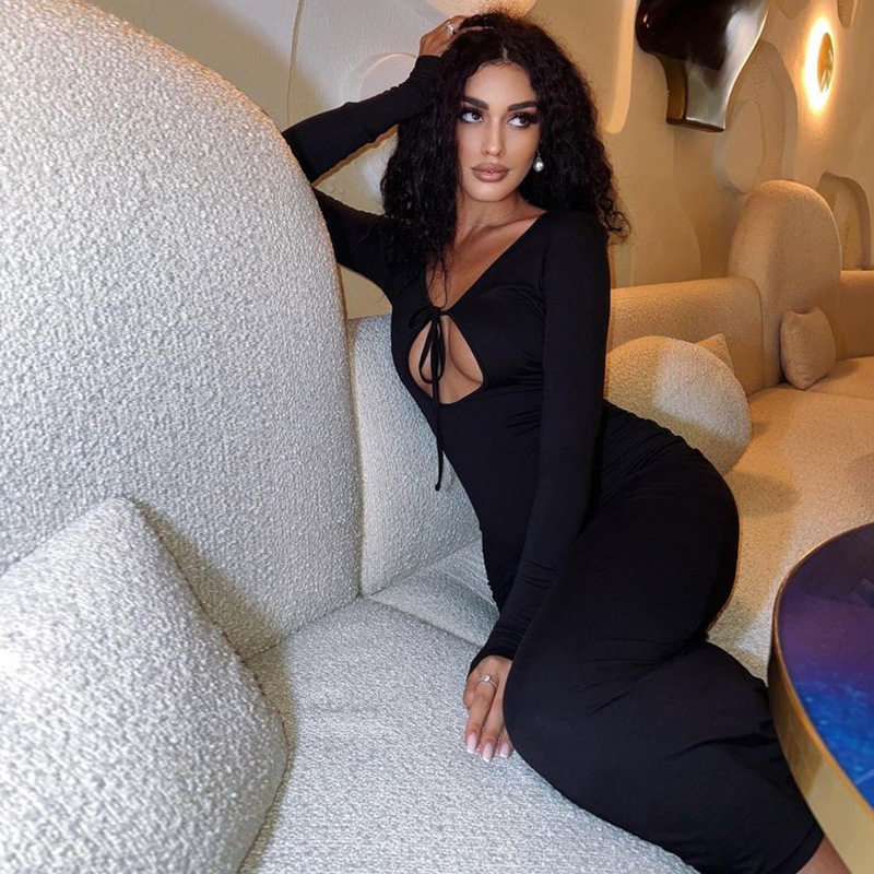 Sexy Hollow Back Long Sleeve Bodycon Dress European Style Lace Up Design Perfect for Parties Wholesale Available