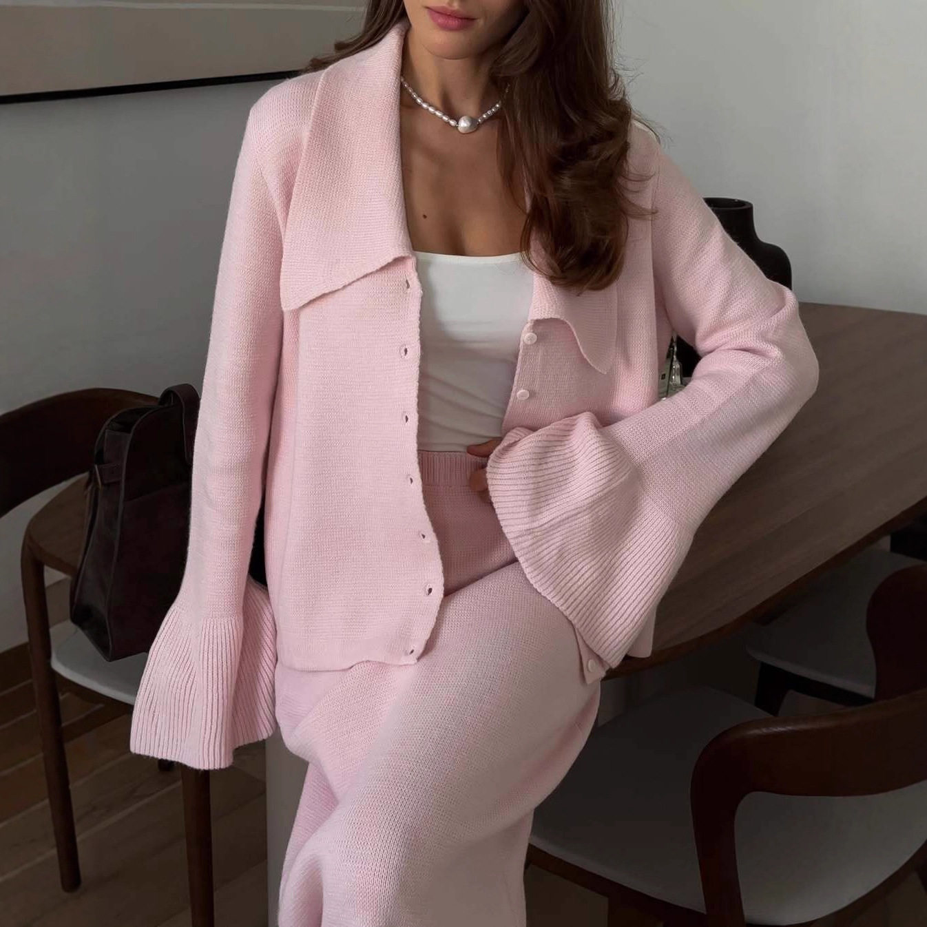 Womens Autumn Winter Solid Color Polo Cardigan and Flared Sleeve Sweater Set Elegant Knit Design Perfect for Casual or