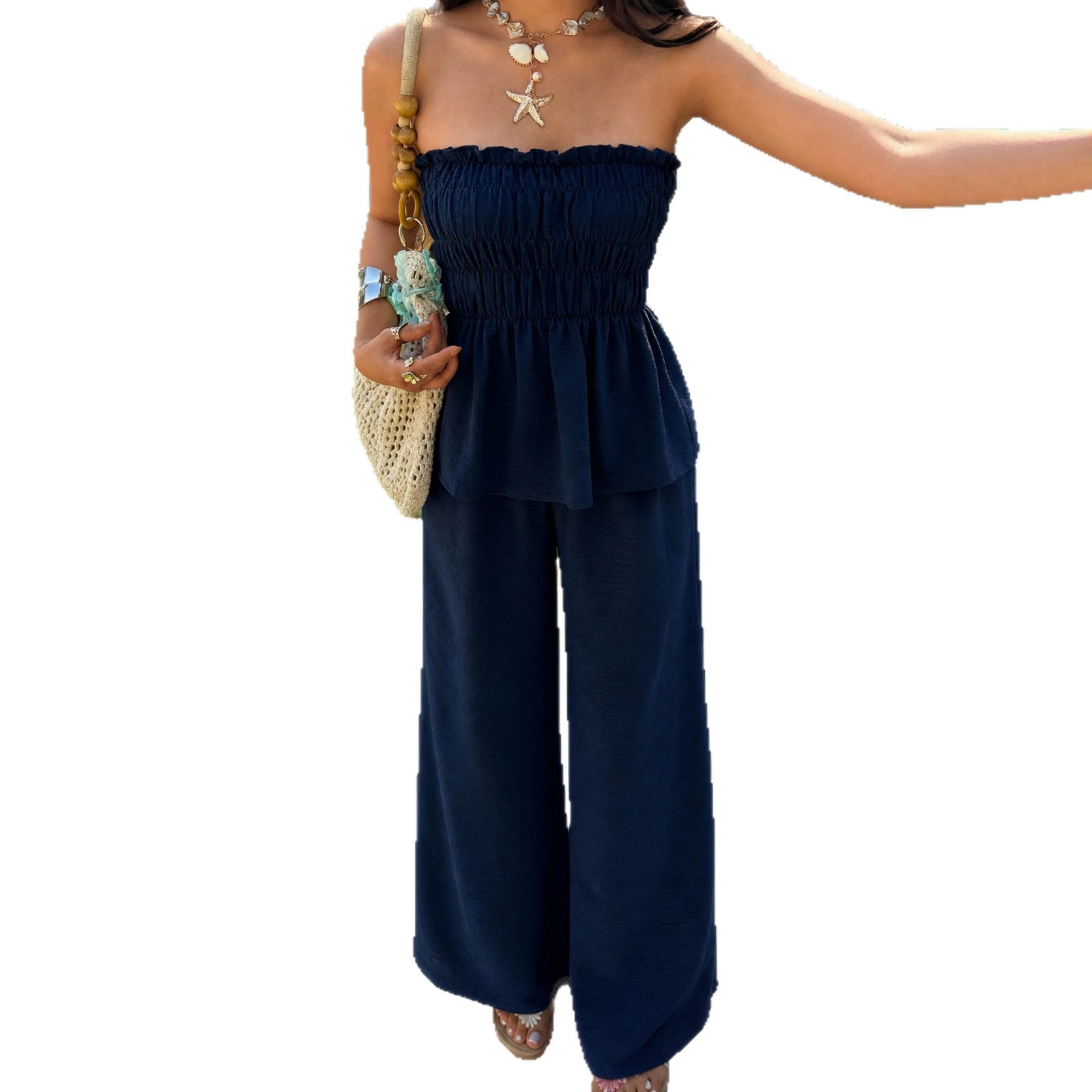 Off Shoulder Crop Top and Wide Leg Pants Set Slim Fit Waist Defining Chic Style Perfect for Summer Events Wholesale