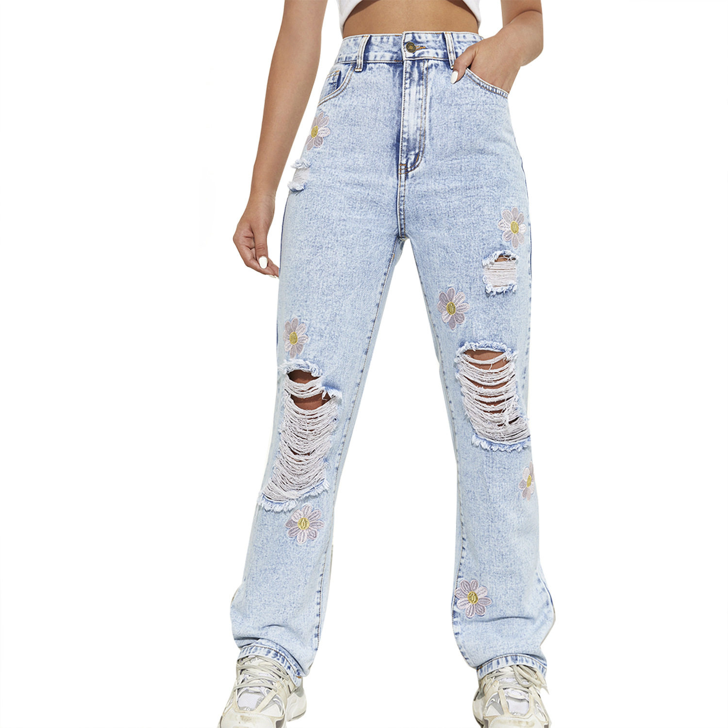 Slim Fit Ripped Straight Leg Jeans Womens Trendy Denim Casual Wear for Spring Summer Wholesale Available