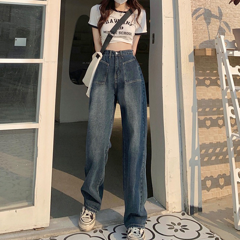 High Waisted Wide Leg Jeans for Women Blue Grey Loose Fit Large Pockets Casual Style Perfect for Pear Shaped