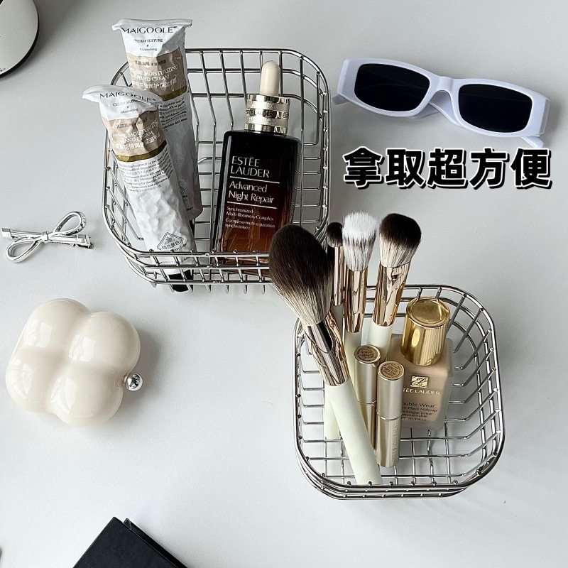 Ins Iron Storage Basket Household Kitchen Square Fruit and Vegetable Basket Internet Celebrity Cosmetic Lipstick Desktop Storage Basket