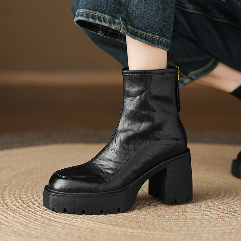 Boot nữ da bò mũi vuông gót thô 8cm đế cao su chống trượt — Lớp lót đơn màu đen, Lớp lót đơn màu nâu, Lót nhung đen, Lót nhung màu nâu
