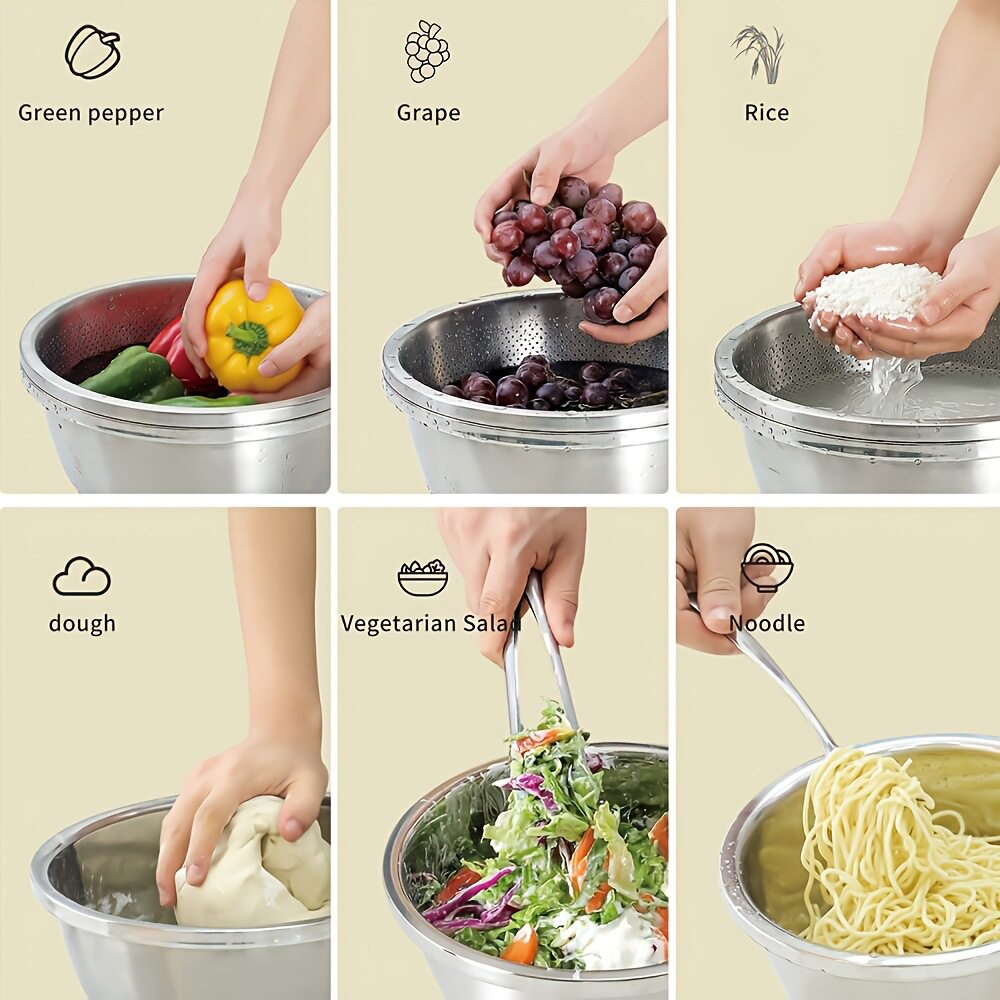 Stainless Steel Draining Basket for Washing Vegetables, Kitchen Household Fruit Washing Basket, Rice Washing Basin, Sieve, Thickened and Basin Hanging