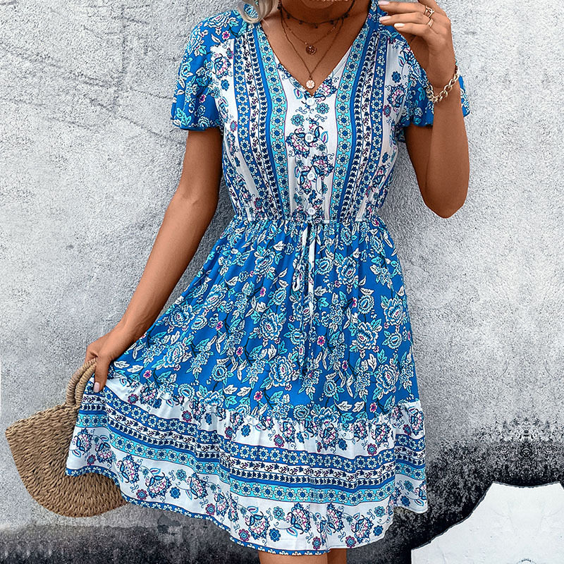 Summer Womens Dress V Neck Floral Print Bohemian Style Perfect for Casual Outings Wholesale Available