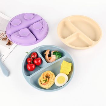 Dumo's Best-Selling Baby Food Silicone Smiley Face Plate with Four Reinforced Suction Cups and Divided Silicone Bowl Tableware