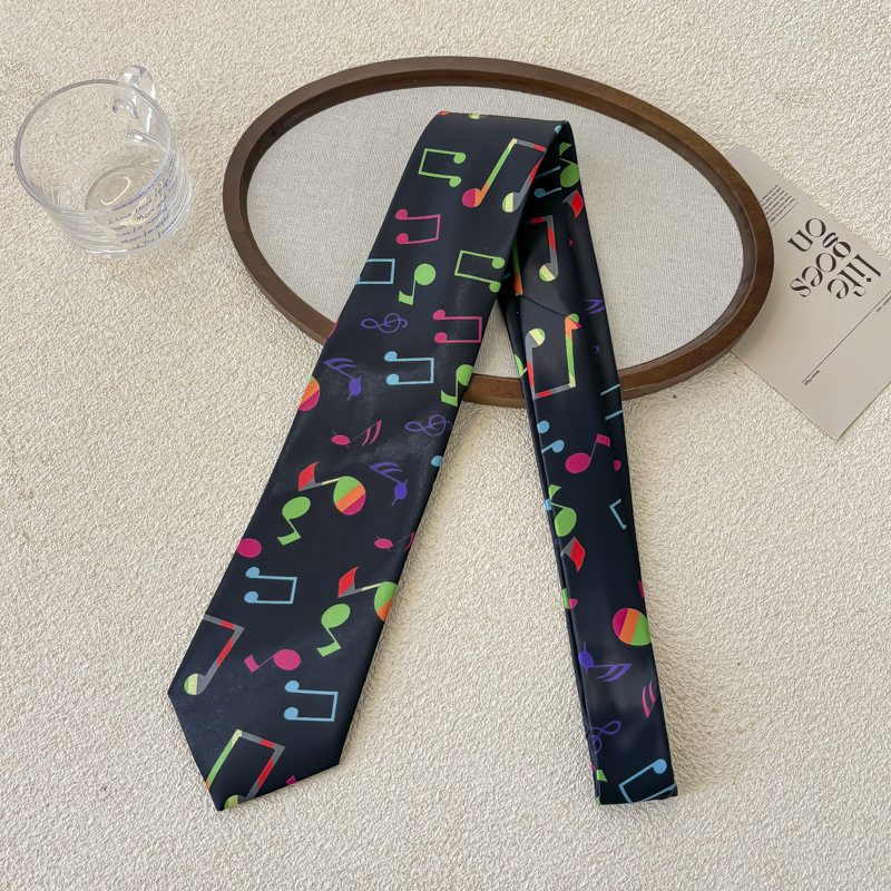 カラフルな音符柄ブラックネクタイ - 約152cm
