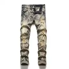 Foreign Trade Source Factory Supply Trendy Brand Cross-Border Men's Clothing Ripped Patchwork Jeans Men's Straight-Leg Casual Long Pants