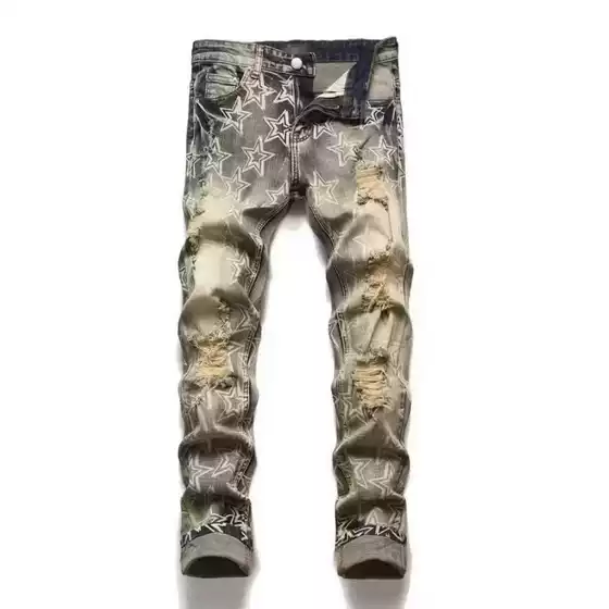 Foreign Trade Source Factory Supply Trendy Brand Cross-Border Men's Clothing Ripped Patchwork Jeans Men's Straight-Leg Casual Long Pants