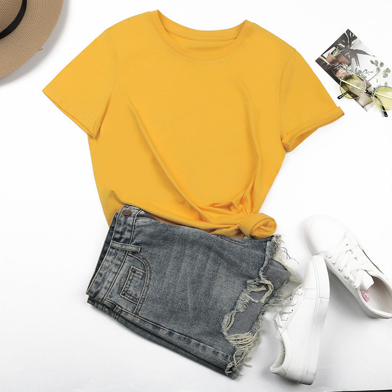 Womens Basic Round Neck Short Sleeve T Shirt 100 Cotton Solid Color Summer Style Wholesale Available