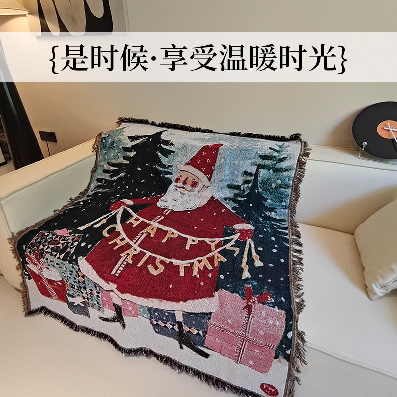 Christmas Santa Claus Cartoon Jacquard Tapestry Dustproof Full-Cover Sofa Throw Blanket Sofa Cover Camping Blanket