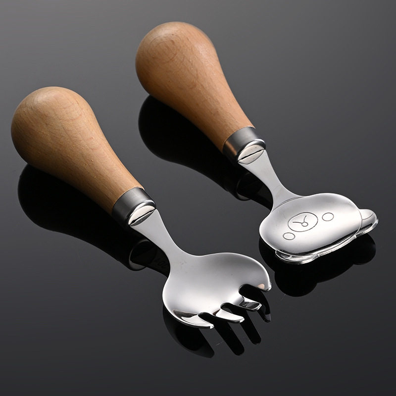 Jiasheng Wooden Handle Tableware Set 304 Stainless Steel Kidsren's Short Handle Knife, Fork and Spoon Can Stand Bear Training Food Spoon