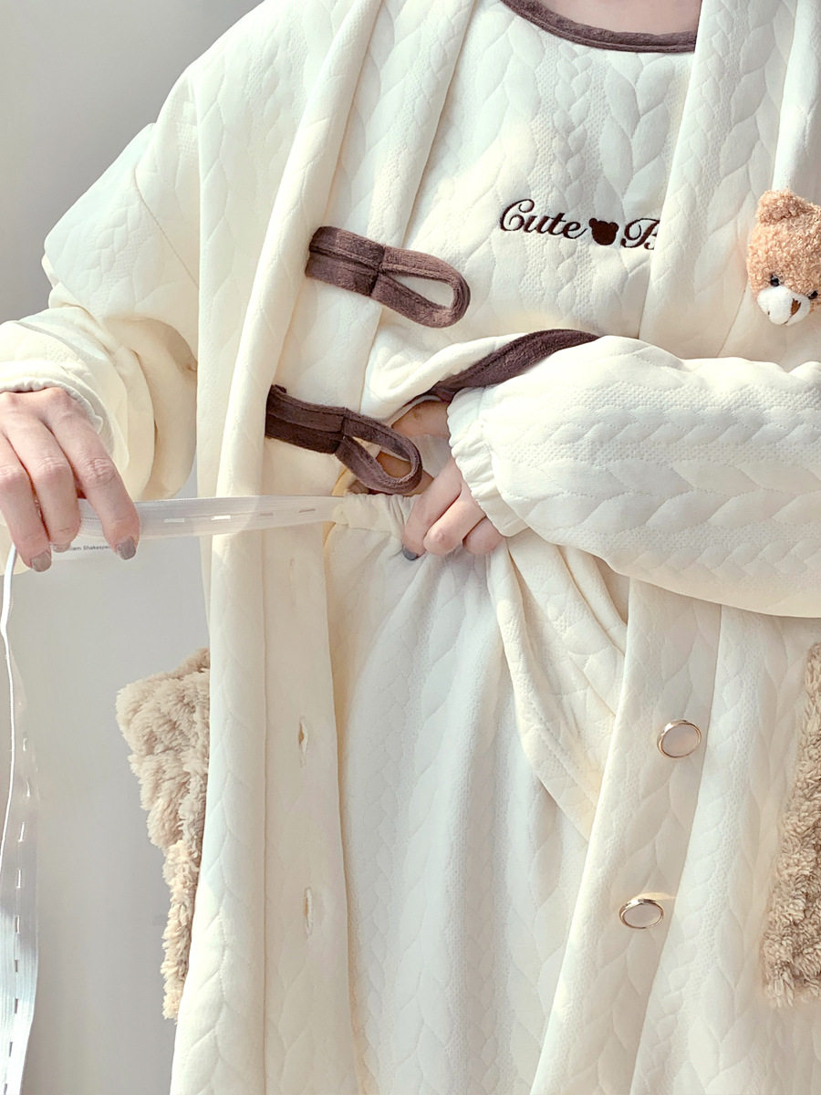 Maternity Pajamas Spring and Autumn Air Cotton Quilted Nursing Sleepwear Three-Piece Set Autumn and Winter Postpartum Maternity Breastfeeding Maternity Ward Outing