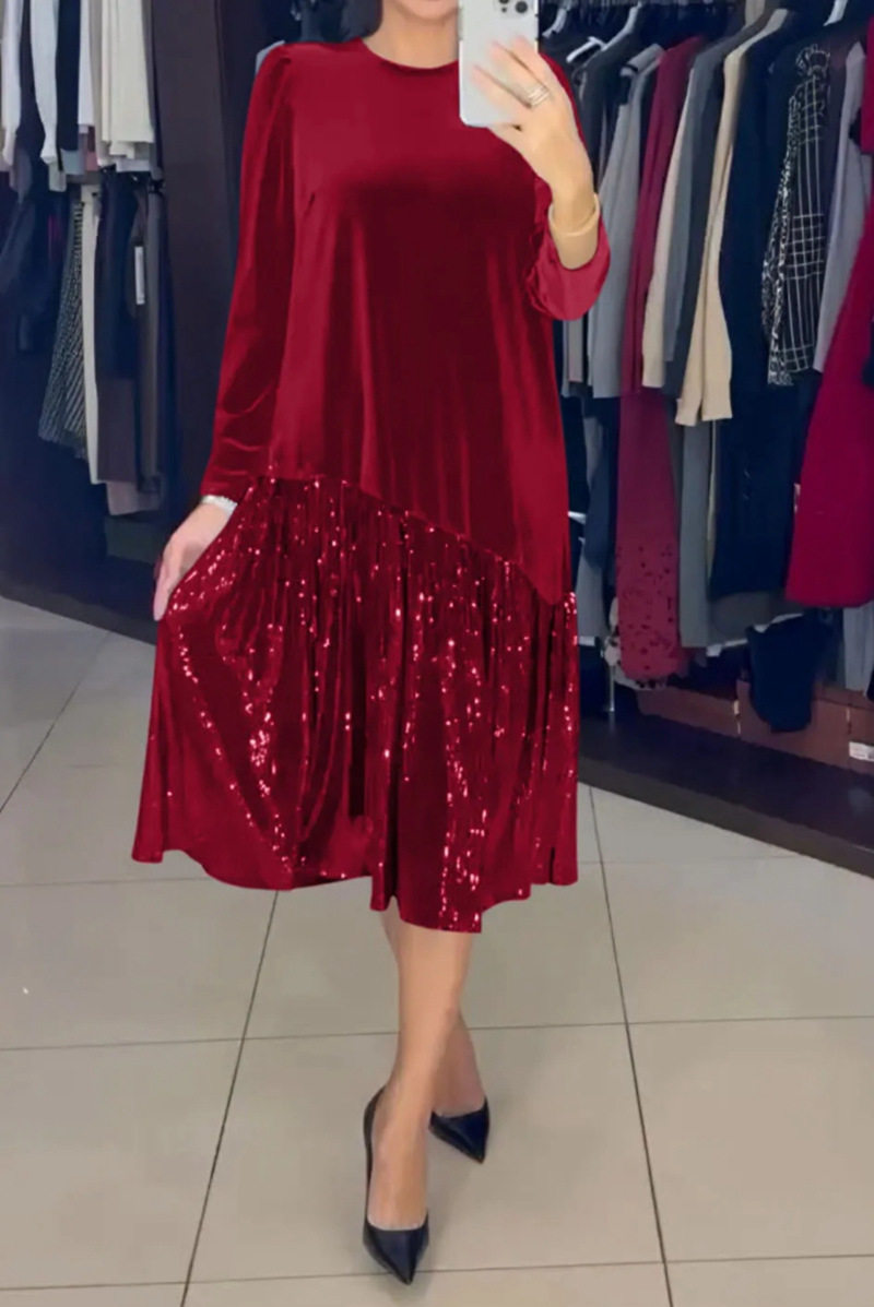 Long Sleeve Sequin Hem Dress Solid Color Round Neck Casual Style Perfect for Winter Events Wholesale Available