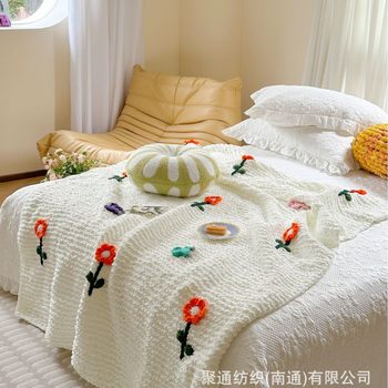 Purely Handmade Heavy-Duty Stick Needlework Blanket, Thick Wool Blanket, B&B Style Stereo Flower Blanket, Ice Velvet Blanket