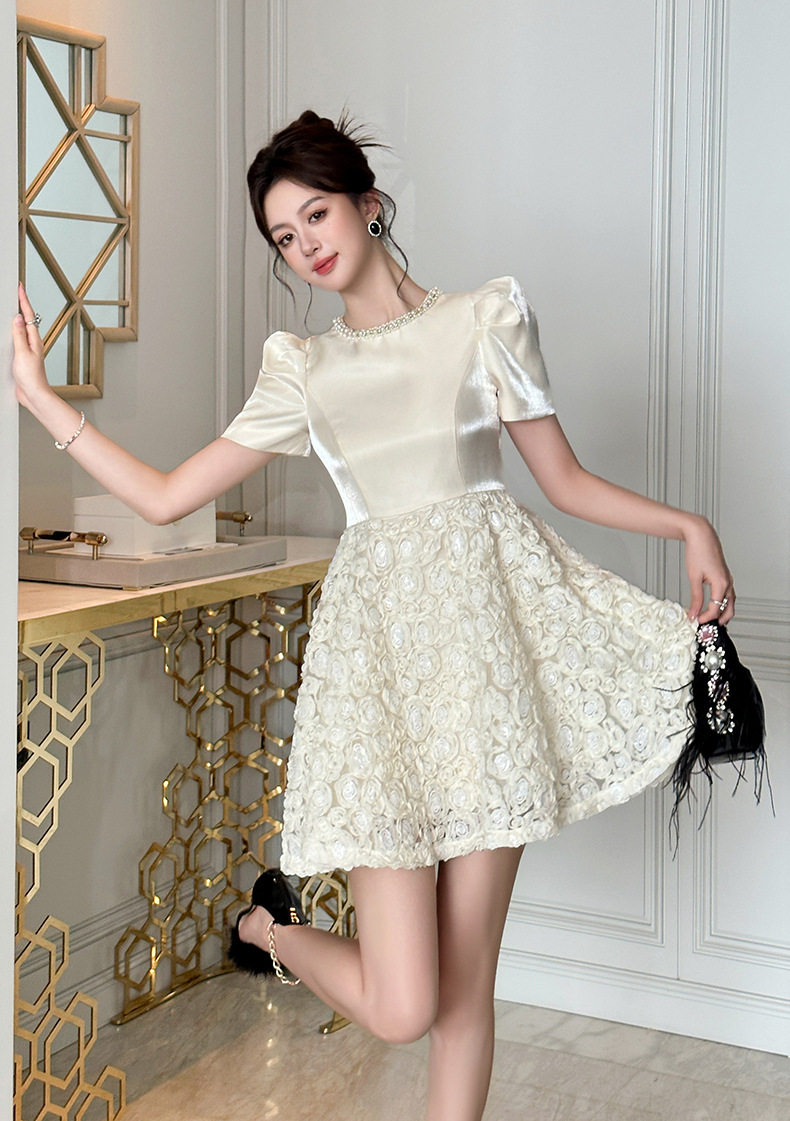 Đầm suông nữ midi tay ngắn cổ tròn chất liệu polyester phong cách phương Tây — [Màu hồng đào] chi tiết 10