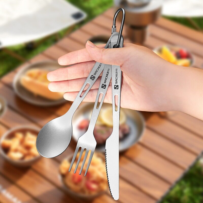 Outdoor Pure Titanium Spoon Camping Titanium Spoon Camping Portable Titanium Metal Tableware Steak Knife and Fork Spoon Spoon suit