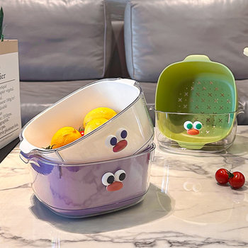 Double Layer Dopamine Draining Basket Household Cute Fruit Basket Cleaning Water Filtering Two-in-One Thickened Fruit Plate Vegetable Washing Basket