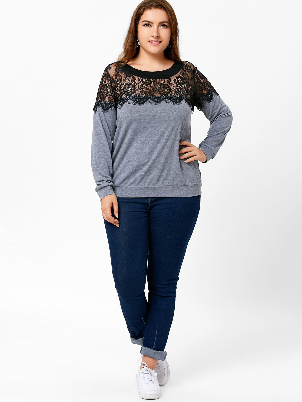Plus Size Long Sleeve Lace Panel T Shirt Round Neck Stylish Design Comfortable Fabric Casual Wear Wholesale