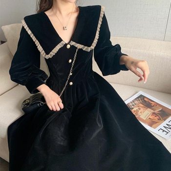French retro Hepburn style black skirt waist slimming elegant doll collar black velvet dress women's autumn and winter