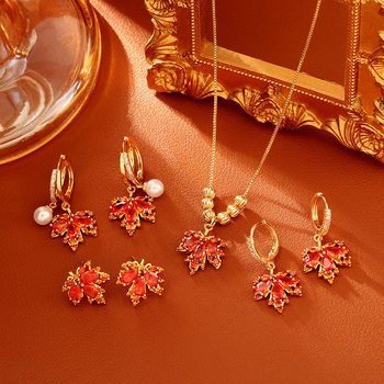 Popular Red Maple Leaf Zircon Necklace, High-End, Fashionable, Exquisite and Elegant, Clavicle Chain, Fairy Style Earrings, Trendy