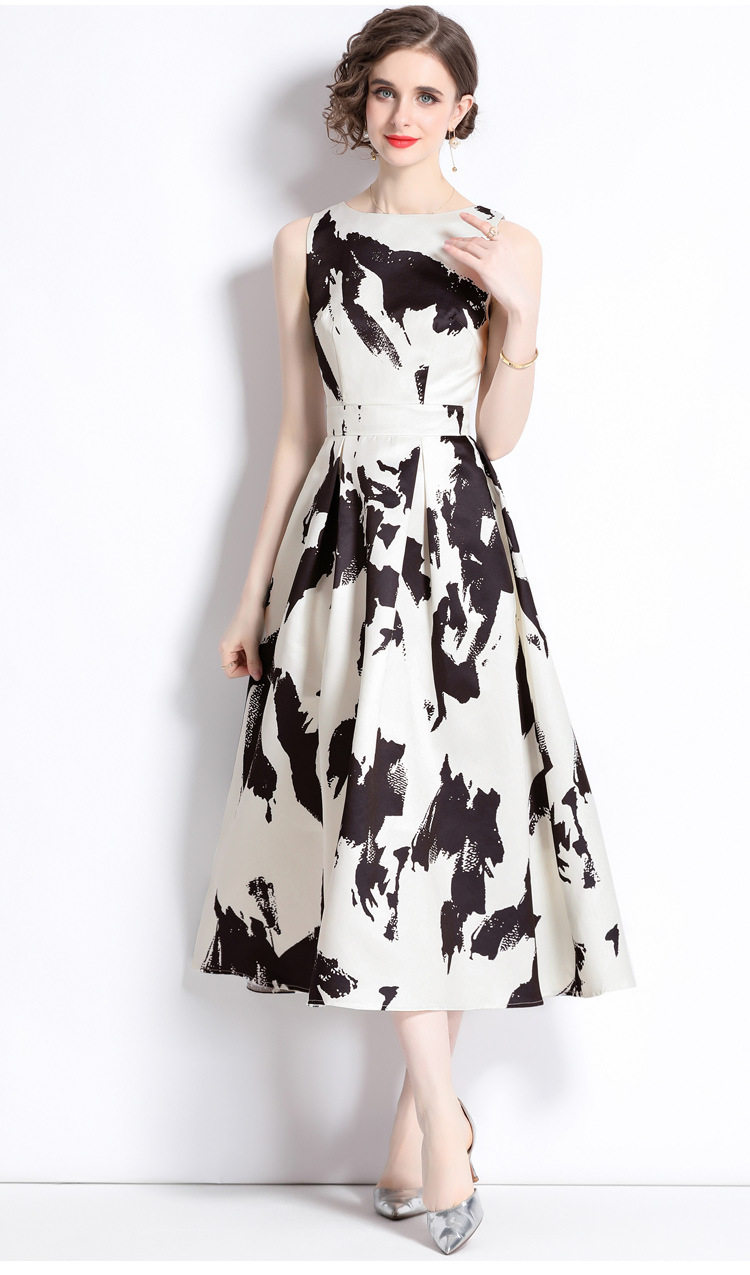 Vintage French Style Sleeveless A Line Dress Round Neck Waist Defining Floral Print Summer Casual Wear Wholesale