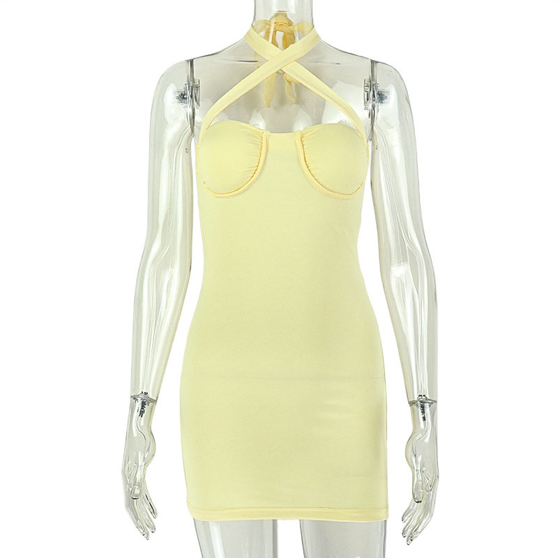 Sleeveless Bodycon Mini Dress Solid Color Halter Neck Slim Fit Sexy Style Summer Streetwear for Trendy Women