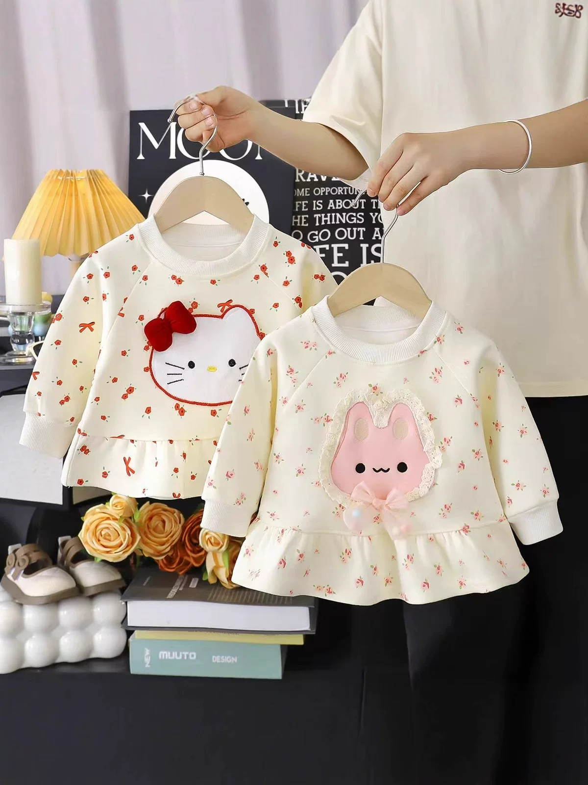 Girls' Autumn Pullover Hoodie, New Cute Stylish Cartoon Cat & Rabbit Print Floral Hem Top