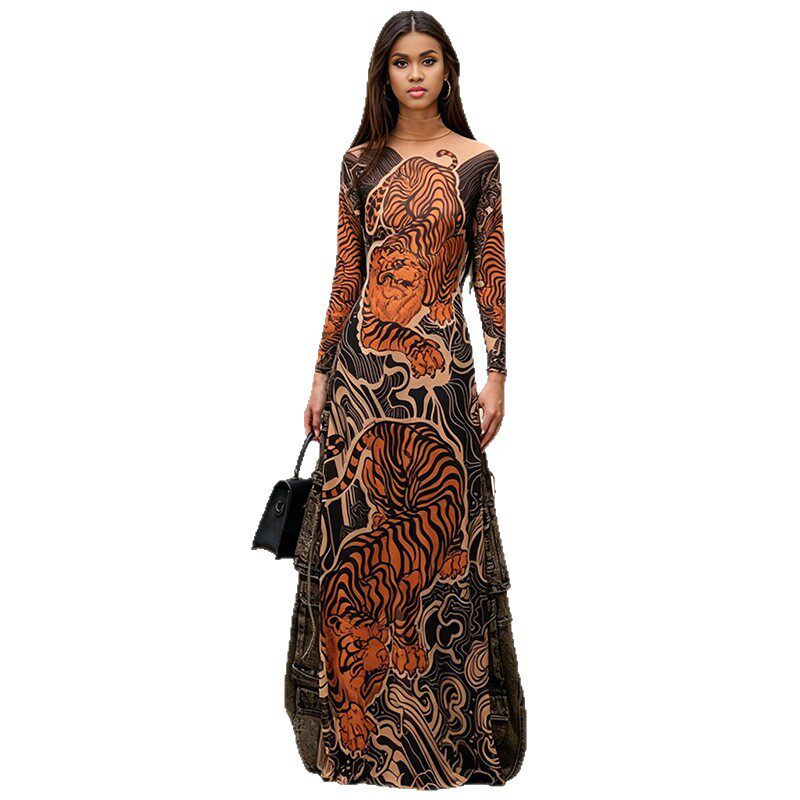 Womens Spring Fashion Unique Street Style Printed Mesh Half Turtleneck High Slit Long Top Wholesale Available