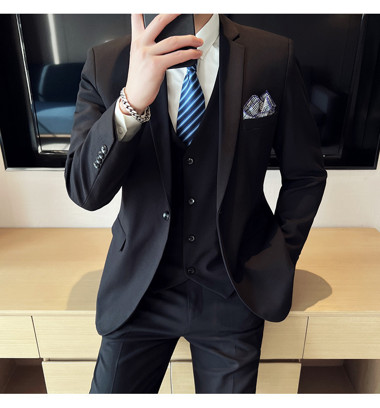 Bộ com-lê nam ba mảnh dáng ôm, áo vest một hàng khuy phong cách công sở — Màu xám (áo một nút + áo vest + quần), Màu xanh (áo một nút + áo vest + quần), Màu đen (áo một nút + áo vest + quần), Màu xanh navy (áo một nút + vest + quần)